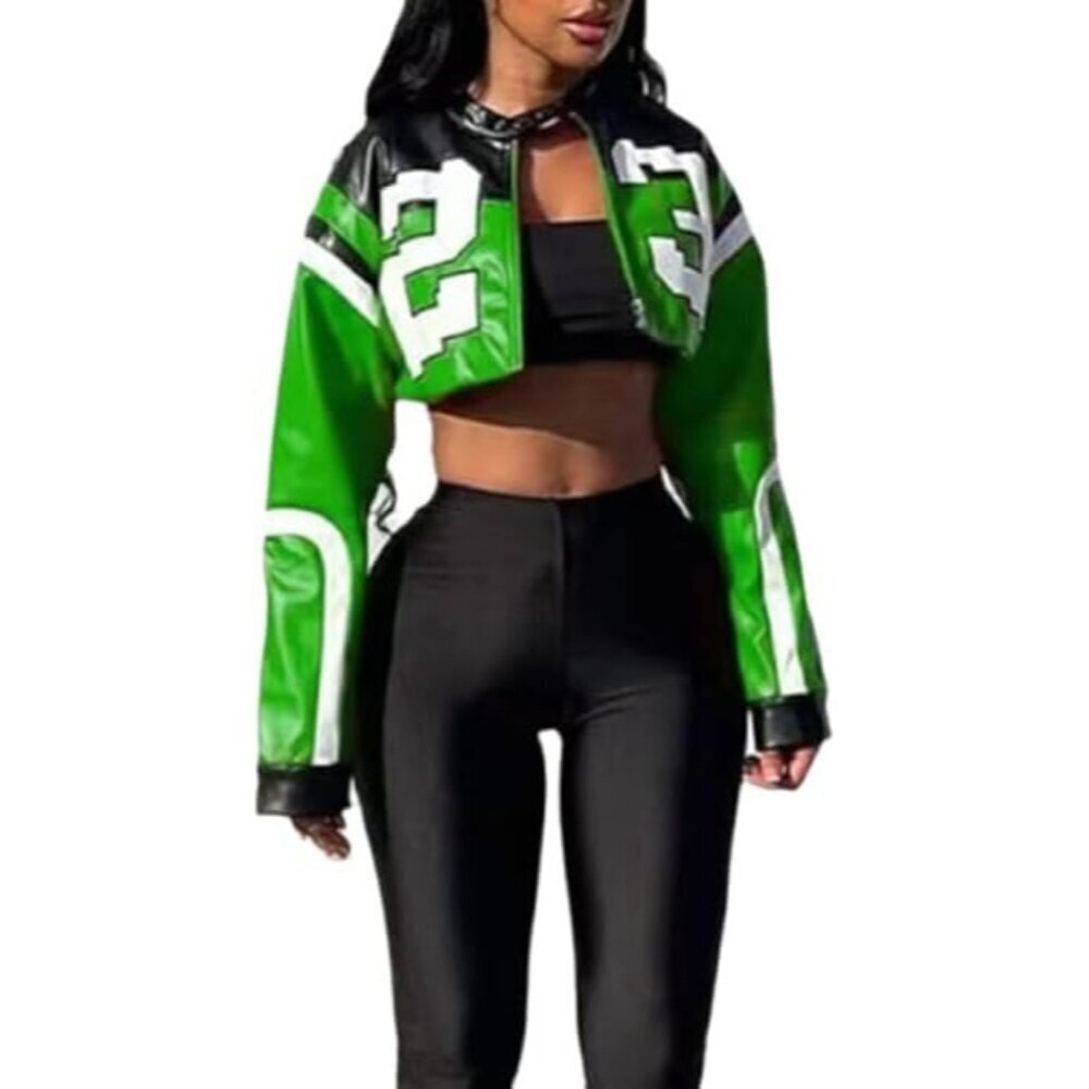 🆕Womens Green VOIKERDR Faux Leather Cropped Motorcycle Bomber Y2K Street Jacket